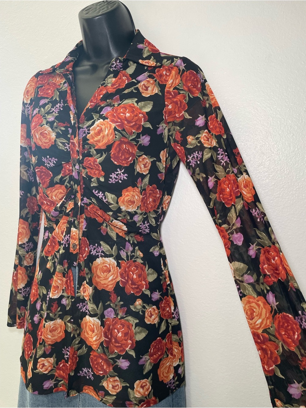 Ember Floral Mesh Button Front Top Small Black Rose Print Long Sleeve Y2K Sheer - Picture 4 of 8